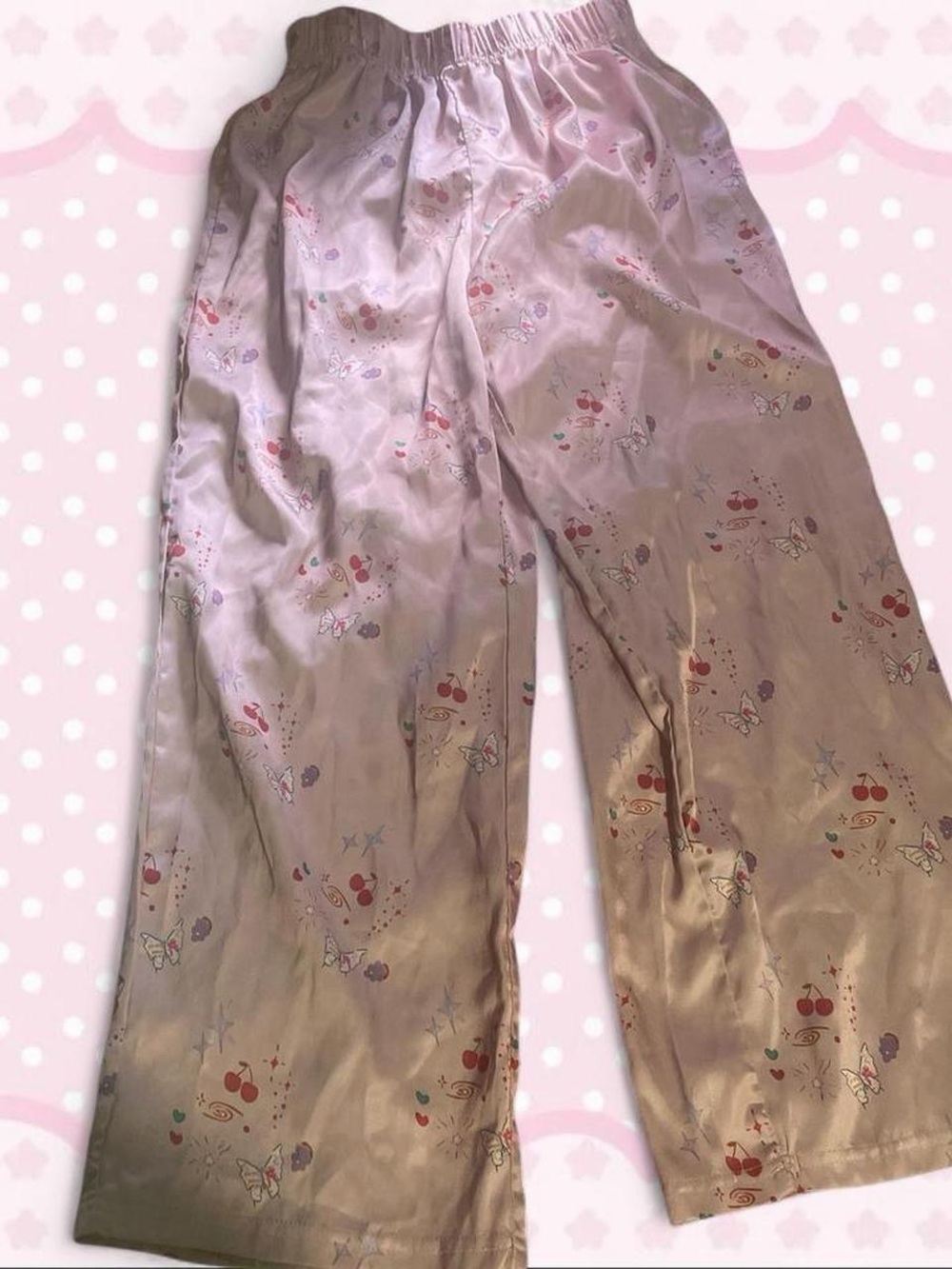 Light Pink Satin Sleep Pants with Cherry & Butterfly Print